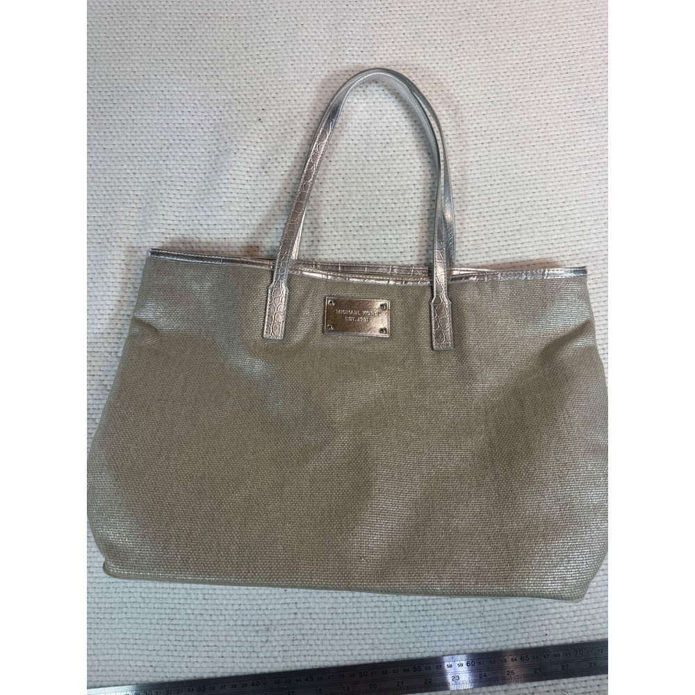 Michael Kors Metallic Woven Tote Bag Silver Croc Embossed Trim Beige Champagne